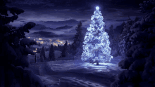 a christmas tree is lit up with blue lights in the snow