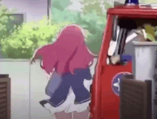 a cartoon girl with pink hair is standing next to a red truck .