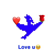 a blue bird holding a red heart and a red rose with the words love u below it