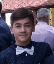 a young boy wearing a bow tie and a blue shirt is standing in a crowd .