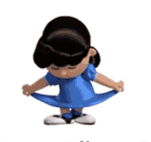 a little girl in a blue dress is holding her skirt up