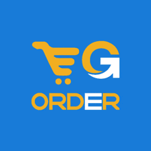 a blue background with a yellow shopping cart and the words eg order