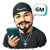 a cartoon drawing of a man wearing a beanie that says gm