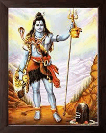 a painting of lord shiva holding a trident and a snake in his hand .