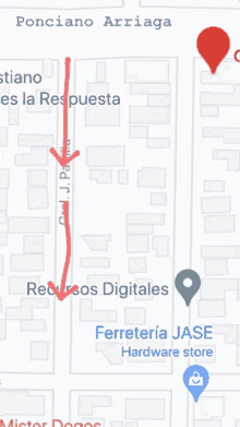 a map showing a red arrow pointing to recursos digitales