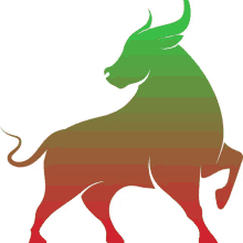 a bull with green horns and red legs