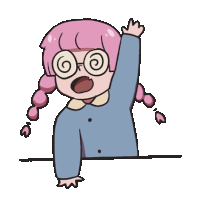 a cartoon of a girl with pink hair and glasses raising her hand