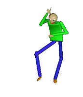 a cartoon character with a green shirt and blue legs is standing on one leg