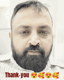 a man with a beard says thank-you with emojis on the bottom