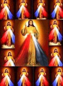 a collage of pictures of jesus with red white and blue rays coming out of his chest