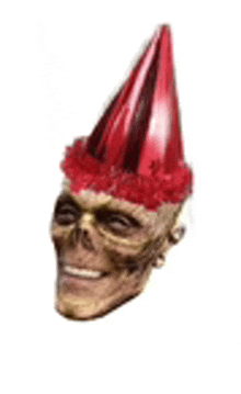 a skull wearing a red party hat with flowers on top .