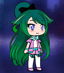 a girl with green hair and blue eyes is wearing a pink dress and a bow .