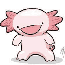 a cartoon drawing of a pink axolotl standing on its hind legs .