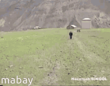 a man in a suit is shaking hands with another man in a field with mountains in the background .