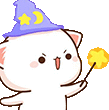 a cartoon cat wearing a wizard hat is holding a wand .