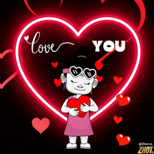 a cartoon girl is holding a heart in front of a neon heart that says love you