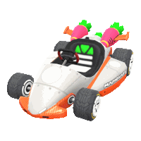 a white and orange kart with mariokart written on the front