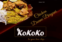 a poster for kokoko chicken donnie biryani with rice and chicken