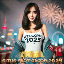 a woman in a white tank top that says welcome 2025