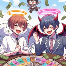 an angel and a demon are playing a board game with money falling from the sky