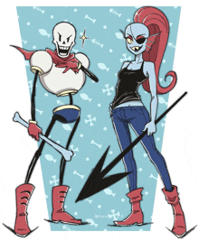 a drawing of a skeleton and a woman with an arrow