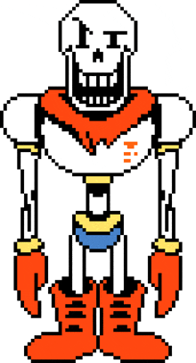 a pixel art drawing of papyrus with a red scarf around his neck