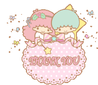 a pink thank you card with two little twin stars on it