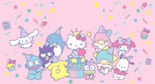 a pink background with a bunch of hello kitty characters