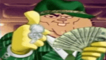 a cartoon character in a green suit is holding a fan of money .