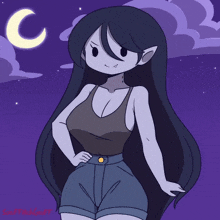 a drawing of a girl with a crescent moon behind her