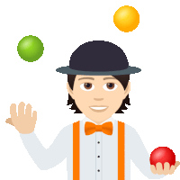 a man in a bowler hat and bow tie juggling three balls