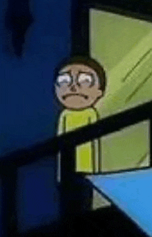 a cartoon character is standing on a balcony and looking out the window .