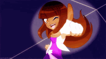 a cartoon girl in a purple dress is pointing her finger at the camera