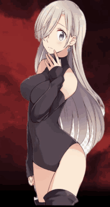 a girl with long white hair is wearing a black leotard