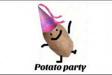 a potato wearing a party hat with the words potato party written below it