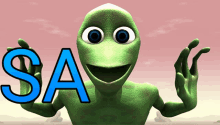 a green cartoon character is holding up the letter sa