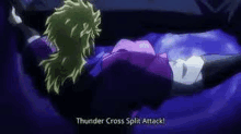 a person is laying in a dark room with a purple background and a thunder cross split attack .