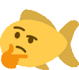 a yellow fish with a thinking face and a thumb on its nose .