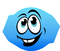 a blue cartoon face with big eyes and a smile on its face