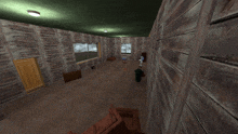 a computer generated image of a room with wood paneling and a green ceiling