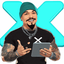 a man wearing a black shirt with an x on it holds a tablet