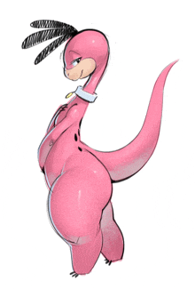 a drawing of a pink dinosaur with a collar on