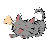 a cartoon cat is laying down with its tongue hanging out and a cloud coming out of its mouth .