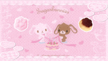 a pink background with two sugarbunnies rabbits and a cake