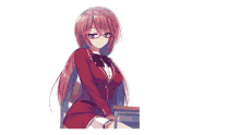 a girl with long red hair is sitting on a desk