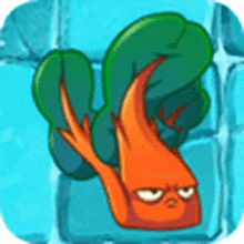 a cartoon drawing of a carrot with an angry face on a blue background .