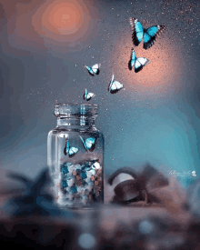 butterflies are flying out of a glass jar with pills in it