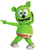 a green gummy bear wearing underwear is pointing