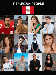 a collage of peruvian people with a flag in the middle