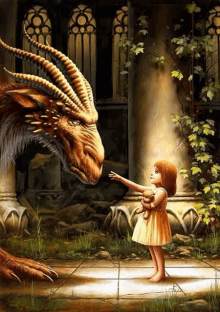 a little girl holding a teddy bear reaches out to a dragon